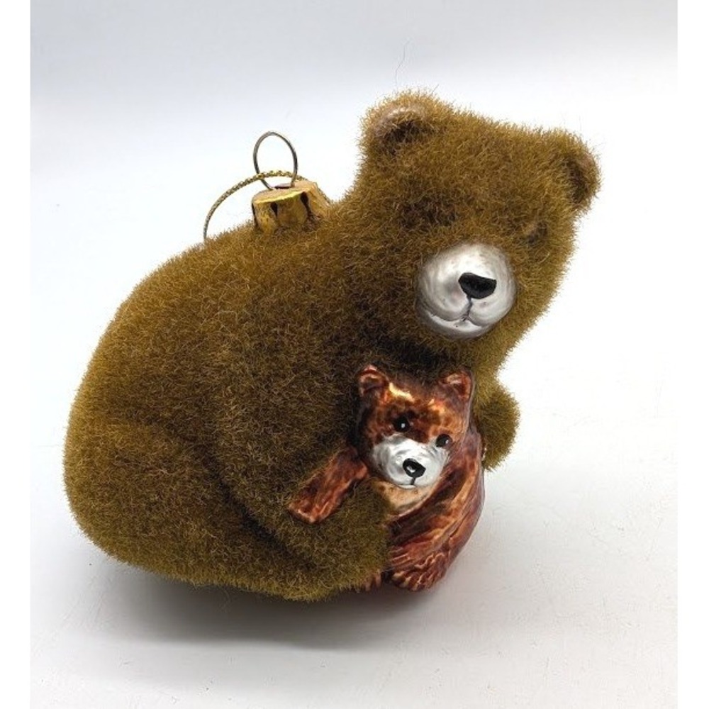Vintage Blown Glass Flocked Bear & Cub Ornament Hand Painted Holiday Festive